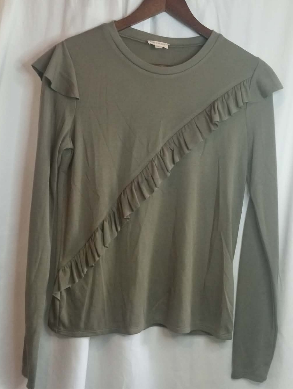 Small Hem & Thread Olive Green Diagonal Ruffle Long Sleeve Shirt Casual Neutral